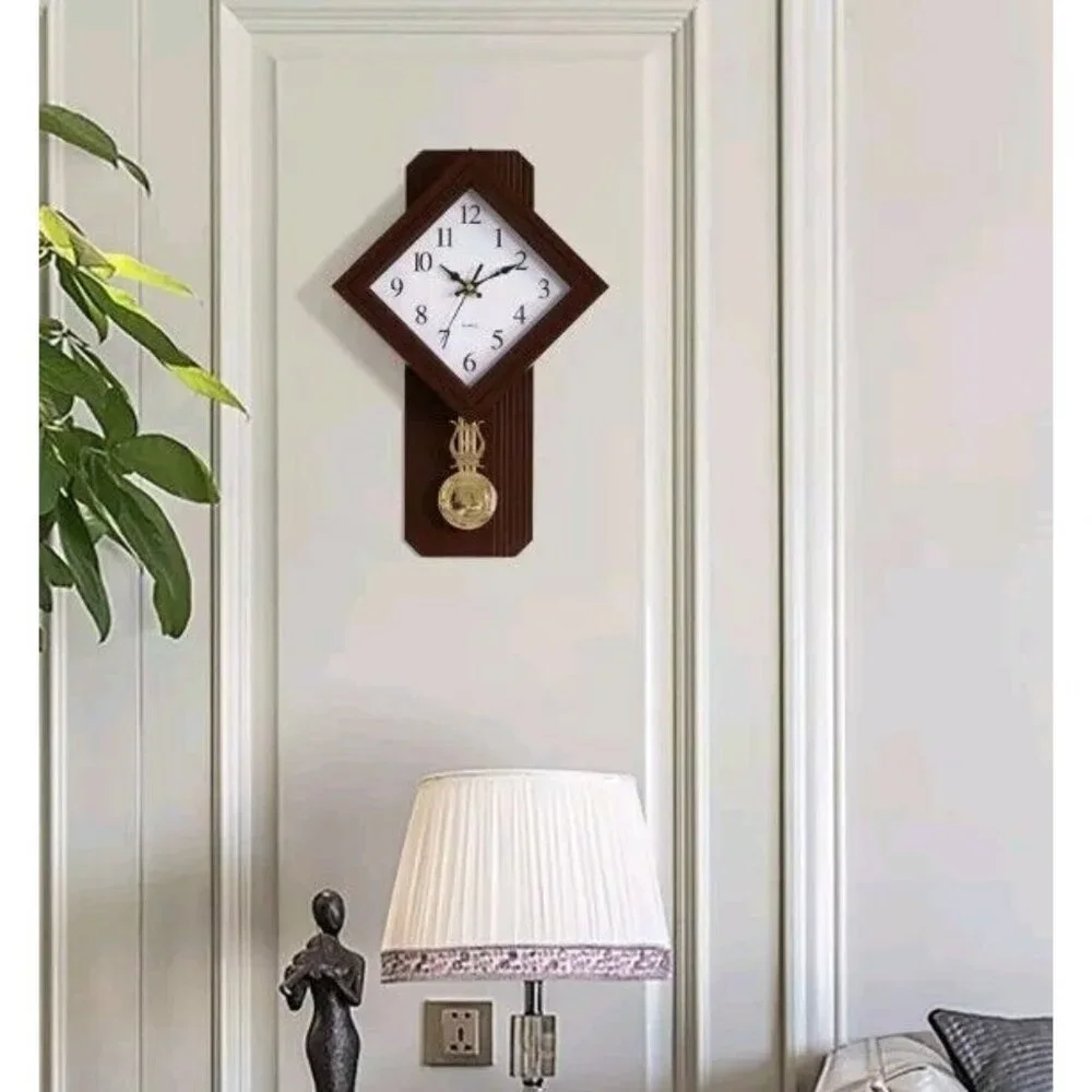 Wood-Look Pendulum Plastic Wall Clock Vintage For Living Room Kitchen Or Dining